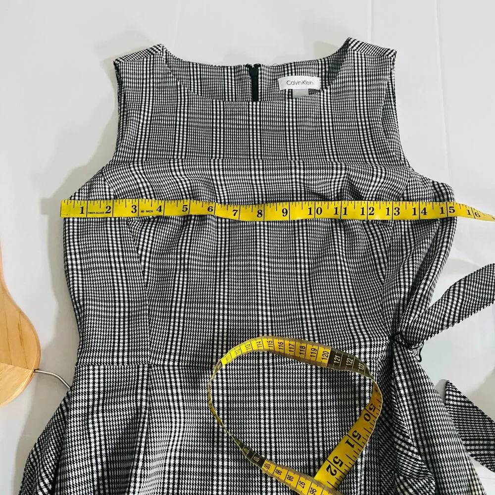 Calvin Klein Plaid Sleeveless Ruffle Belted Dress Size 2 Black White - Picture 7 of 9